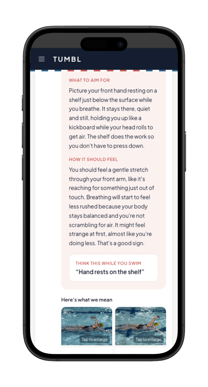 The Tumbl app showing written analysis of a swimmer's breathing, with annotated stills from their own stroke underneath